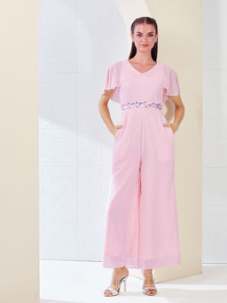 Miss Chase - Women Light Pink Georgette V-Neck Solid Layered Jumpsuit