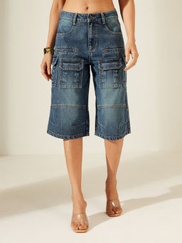 Miss Chase - Dark Blue Mid Rise Stretchable Denim Shorts