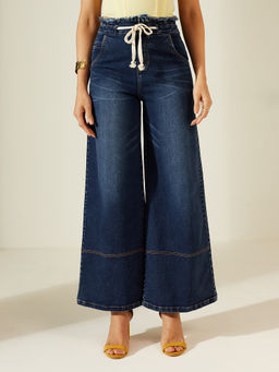 Miss Chase - Women Navy Blue Wide Leg Stretchable Denim Jeans