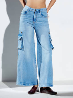 Miss Chase - Womens Blue Wide Leg High Rise Baggy Fit Stretchable Denim Jeans