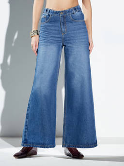 Miss Chase - Women Dark Blue Wide Leg High Rise Denim Jeans