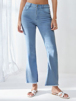 Miss Chase - Women Light Blue Bootcut High Rise Cropped Denim Stretchable Jeans