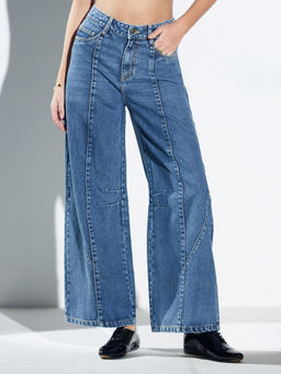 Miss Chase - Women Blue Barrel Fit High Rise Whiskered Panelled Denim Jeans
