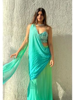 RAISHAA - Green Aquamarine Concept Cocktail Saree With Stitched Blouse