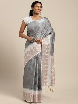 Mimosa - Women's Kanjivaram Art Silk Grey Saree with Unstitched Blouse