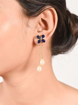 Ratnavali Jewels - American Diamond CZ Gold Plated Blue Dangle Drop Removable Pearl Stud Earrings