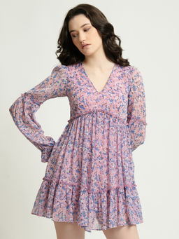 June 9 Clothing - Purple Floral V Neck Skater Mini Dress
