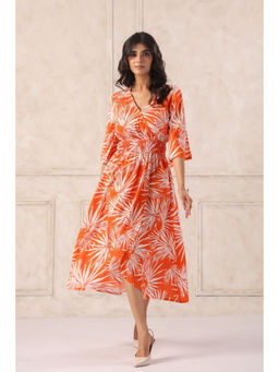 June 9 Clothing - Orange Tropical Printed Rayon Midi Casual Dress