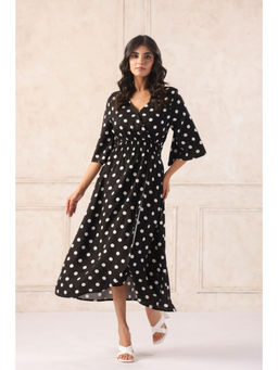 June 9 Clothing - Black Rayon Polka Dot Midi Casual Dress