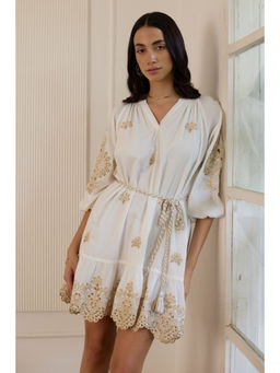 Calling June - White Embroidered Male Mini Dress with Belt