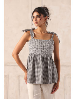 June 9 Clothing - Check With Embroidery Peplum Top