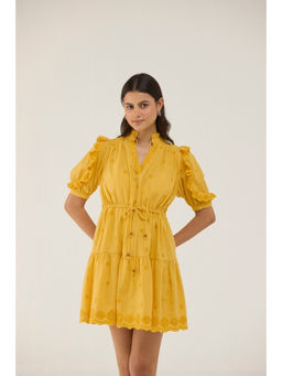 Calling June - Yellow Embroidered Mochi Mini Dress