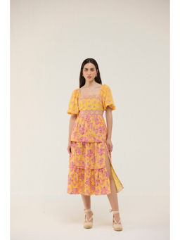 Calling June - Yellow Floral Embroidered Midi Dress