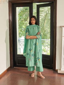 Vaayu - Mint Green Applique Embroidered Kurta with Pant and Dupatta