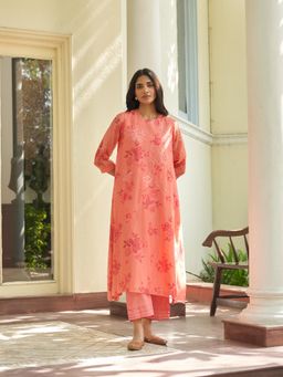Vaayu - Peach Hibiscus Floral Embroidered Kurta and Pant