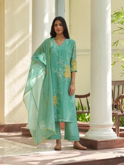 Vaayu - Mint Green Applique Embroidered Kurta with Pant and Dupatta