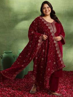 Extra love by Libas - Red Yoke Design Velvet Straight Kurta Sets for Women
