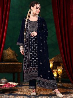 Libas - Blue Velvet Embroidered Kurta Sets for Women