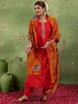 Libas - Red Floral Kurta with Salwar and Dupatta (Set of 3)