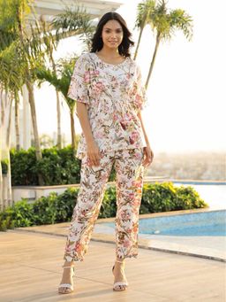 SANSKRUTIHOMES - White Floral Regular Kaftan Top and Pyjama