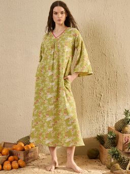 SANSKRUTIHOMES - Green Floral Relaxed Night Dress
