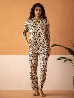 SANSKRUTIHOMES - Beige Printed Regular Top and Pyjama
