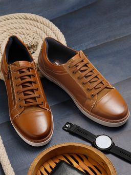 EZOK - Men Tan Lace Up Solid Leather Sneakers