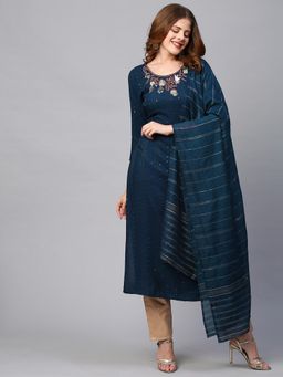 FASHOR - Floral Hand Embroidered Kurta With Lurex Stripes Dupatta (Set of 2)