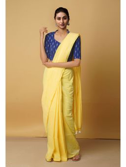 Unnati Silks - Yellow Pure Cotton Linen Saree with Unstitched Blouse