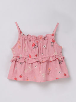 Taffy - 100% Cotton Sleeveless Floral Printed Ruffle Detailed Peplum Top Pink