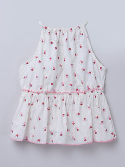 Taffy - Dobby Floral Printed Sleeveless Halter Neck Peplum Top White