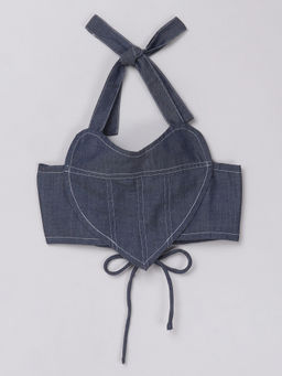 Taffy - Denim Sleeveless Stitch Detail Heart Shape Crop Top Blue