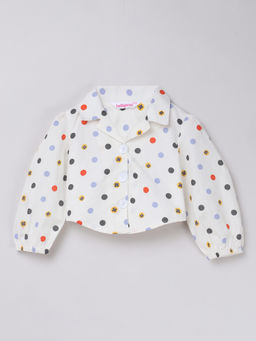 Taffy - Cotton Poplin Puff Sleeves Polka Dot Printed Crop Shirt White