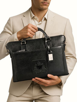 Hidesign - Carnegie 01 Genuine Leather Mens Black Laptop Bag with Detachable Straps