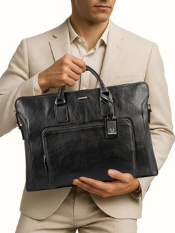 Hidesign - Carnegie 02 Genuine Leather Mens Black Laptop Bag with Detachable Straps