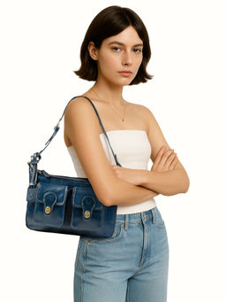 Hidesign - Pyne 02 Genuine Leather Womens Blue Shoulder Bag