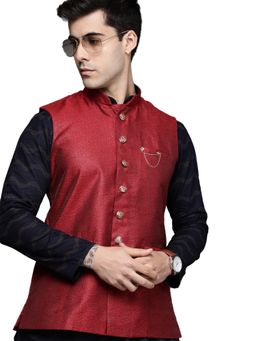 Manyavar - Maroon Art Silk Festive Jacquard Nehru Jacket