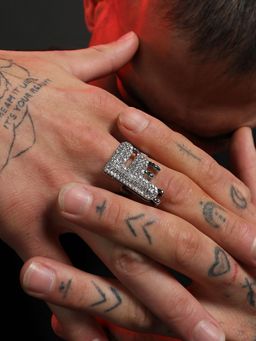 French Accent - Mens Bling F Alphabet Ring - Silver