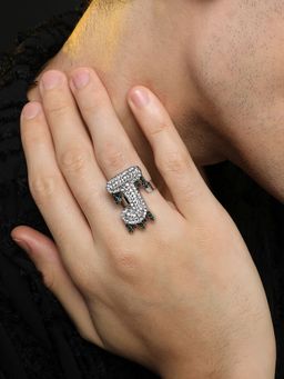 French Accent - Mens Bling J Alphabet Ring - Silver