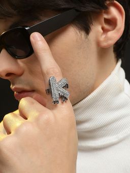 French Accent - Mens Bling K Alphabet Ring - Silver
