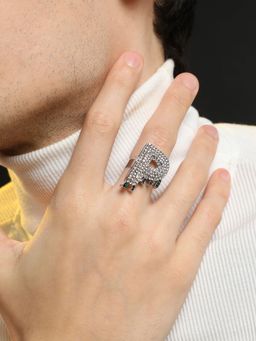 French Accent - Mens Bling P Alphabet Ring - Silver