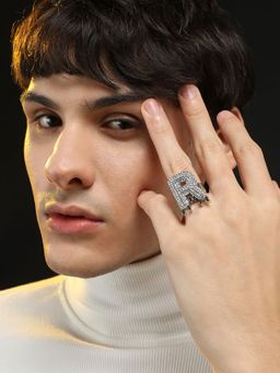 French Accent - Mens Bling R Alphabet Ring - Silver