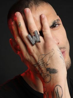 French Accent - Mens Bling W Alphabet Ring - Silver