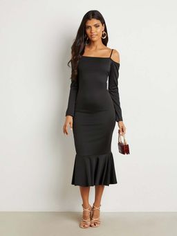 Styli - Black Cold Shoulder Bodycon Midi Dress With Frill Hem