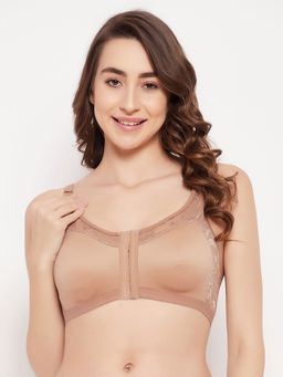 Clovia - Non-Wired Light Padded Spacer Cup Easy-on Front Open Full Figure Bra- Cotton Rich Beige