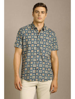 Louis Philippe - Men Navy Blue Print Half Sleeves Casual Shirt