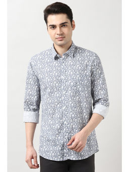 Peter England - Men Grey Slim Fit Print Full Sleeves Casual Shirt