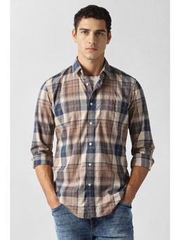 Van Heusen - Men Beige Check Full Sleeves Casual Shirt