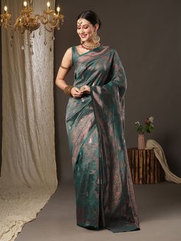 Akhilam - Womens Silk Blend Teal Blue Woven Design Designer Saree with Unstitched Blouse