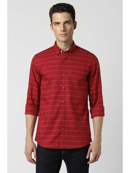 Peter England - Men Red Slim Fit Stripe Full Sleeves Casual Shirt